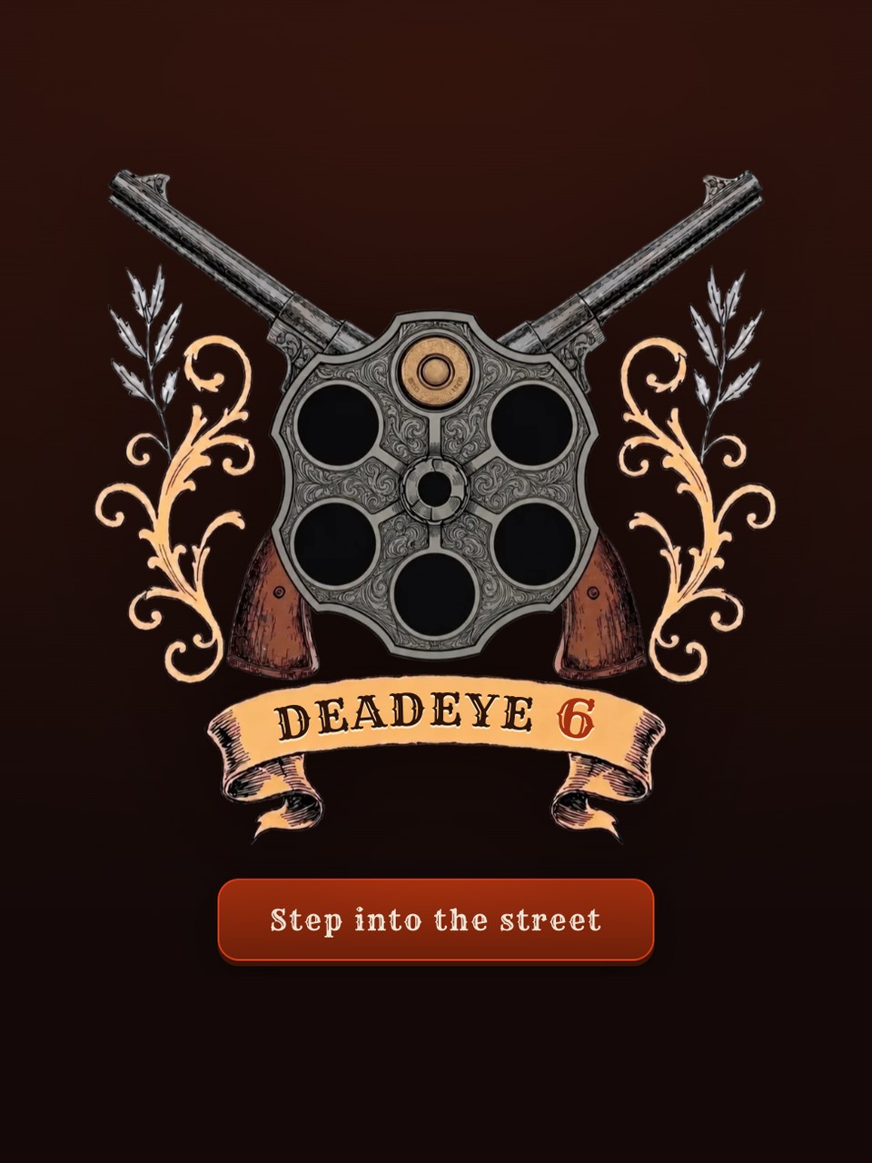 Deadeye 6 title screen with the crossed revolvers and cylinder crest